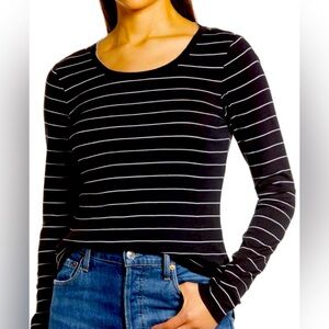 Caslon Long Sleeve Scoop Neck Cotton Tee in Black-White Lauren Stripe Size XL